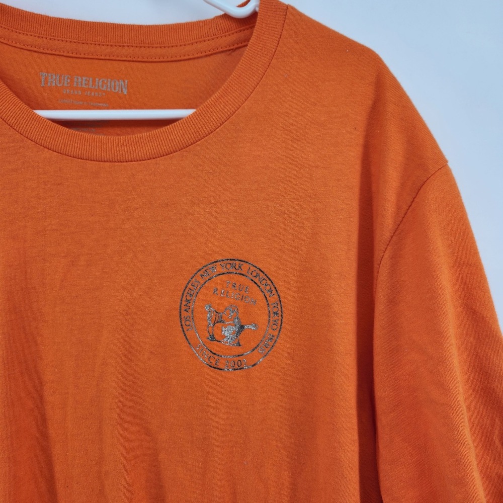 True Religion Mens Orange Buddha Brand Graphic T-Shirt Large Short Sleeve Cotton